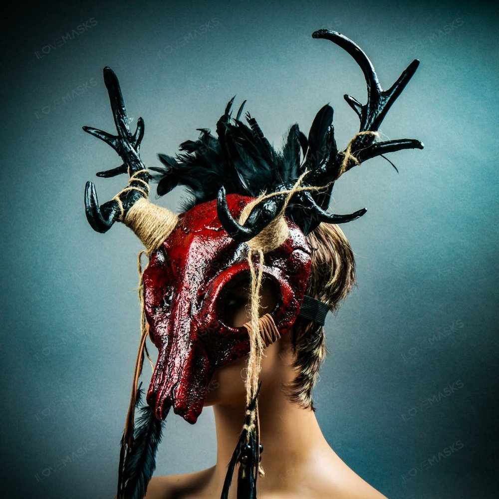 Bloody Red Antelope Devil Deer Horn Skull Mask